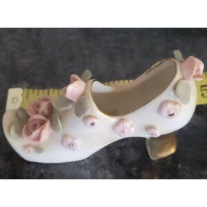 Vintage Ceramic Shoe Figurine With Pink Rose Accents & Gold Heel
